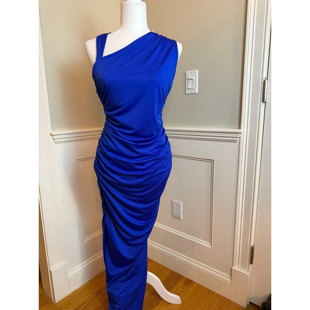 Lulus NWT Royal Blue Ruched One Shoulder Slit Maxi Dress L